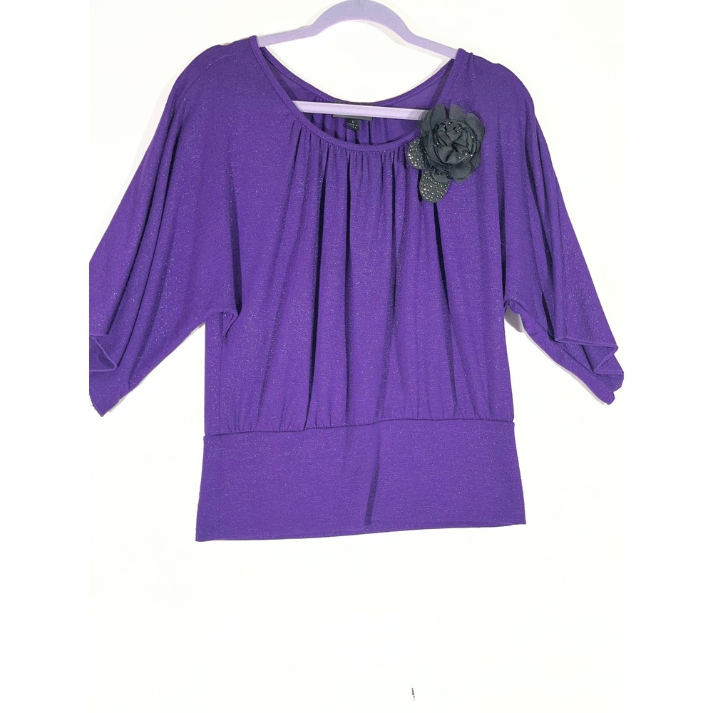 B.Wear Metallic Shimmer Blouson Top Floral Brooch Women L Purple Y2K Party Retro